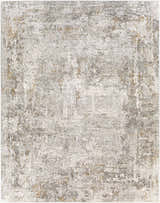 Close-up of the Dowell Luxe Textured Area Rug featuring a distressed abstract pattern in gray, off-white, and mustard tones. Design-Rectangle-71010