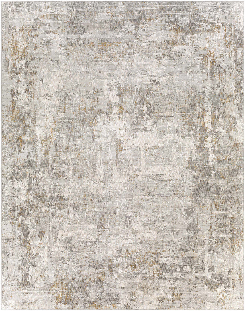 Close-up of the Dowell Luxe Textured Area Rug featuring a distressed abstract pattern in gray, off-white, and mustard tones. Design-Rectangle-71010