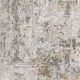 Close-up of the Dowell Luxe Textured Area Rug. Features gray, off-white, and mustard hues in a distressed, contemporary pattern. Swatch