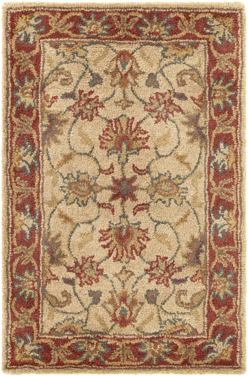 Close-up of the Cherryfield Hand Tufted Brown & Rust 1001 Wool Rug. Features a traditional floral pattern and brick red border. Design-Rectangle-23