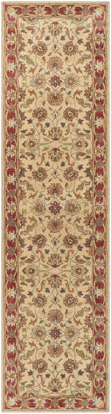 Close-up of the Cherryfield Hand Tufted Brown & Rust 1001 Wool Rug, featuring a traditional floral pattern and brick red border. Design-Runner-312