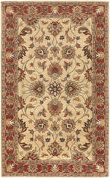 Close-up of the Cherryfield Hand Tufted Brown & Rust 1001 Wool Rug. Features a traditional floral pattern with brick red and brown tones. Design-Rectangle-58