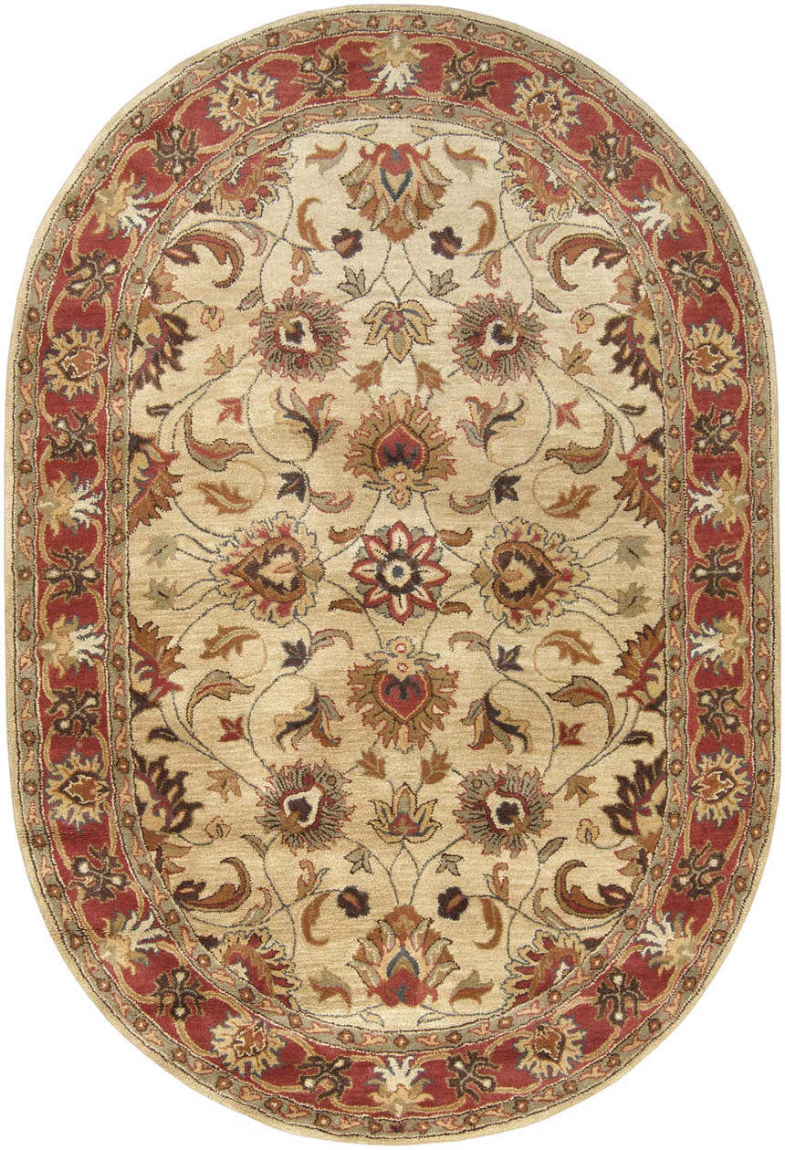 Oval Cherryfield Hand Tufted Brown & Rust 1001 Wool Rug with a traditional floral pattern and brick red border. Design-Oval-69