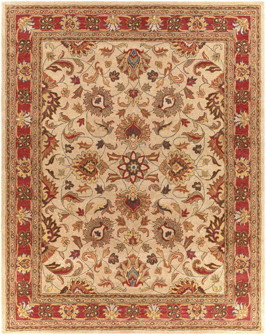 Detailed floral pattern of the Cherryfield Hand Tufted Brown & Rust 1001 Wool Rug. Colors include brick red, brown, and tan. Design-Rectangle-7696