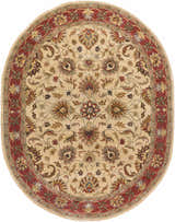 Oval Cherryfield Hand Tufted Wool Rug. Beige rug with rust, brown, and navy floral pattern and border. Farmhouse style. Design-Oval-810
