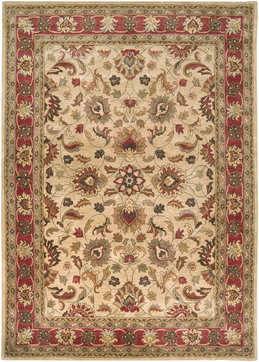 Detailed floral pattern of the Cherryfield Hand Tufted Brown & Rust 1001 Wool Rug. Traditional design in brick red, brown, and tan. Design-Rectangle-811