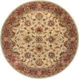 Round Cherryfield rug, hand-tufted wool in brown, rust, and tan. Traditional floral pattern with brick red border. Design-Round-8