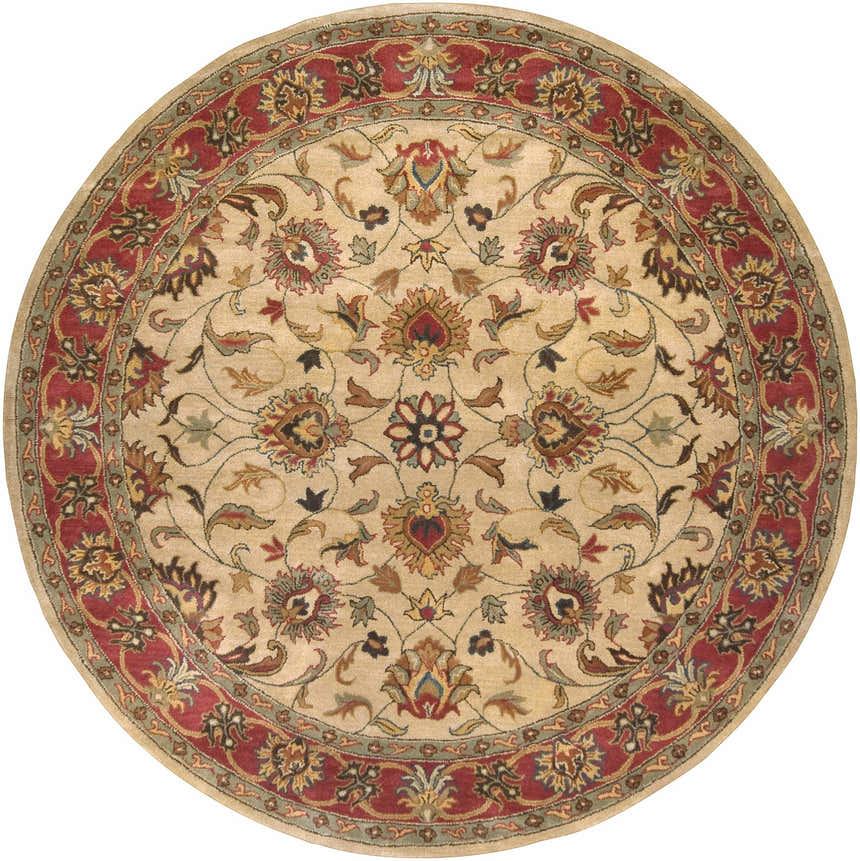 Round Cherryfield rug, hand-tufted wool in brown, rust, and tan. Traditional floral pattern with brick red border. Design-Round-8