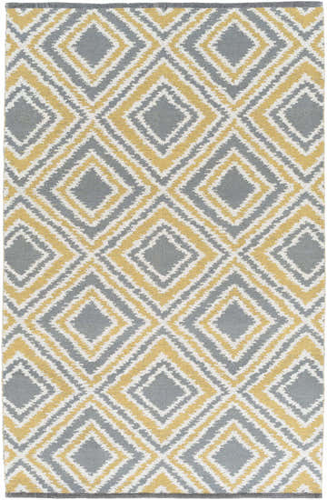 Close-up of Druid Area Rug. Hand-woven wool rug with geometric diamond pattern in charcoal, ivory, and mustard. Design-Rectangle-58