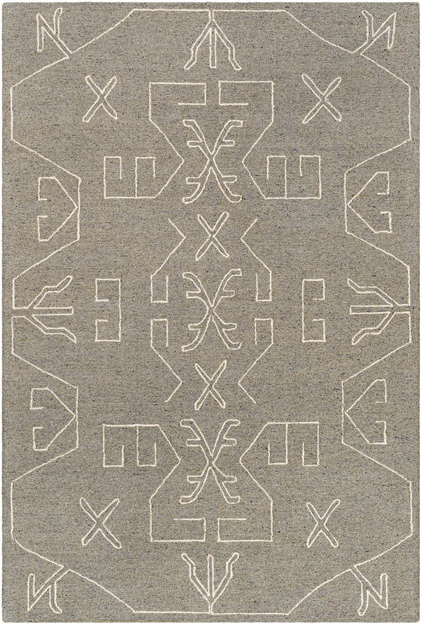 Close-up of Duard Modern Wool Rug. Gray rug with geometric white line pattern. Hand-tufted farmhouse style. Design-Rectangle-576