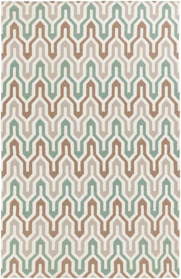 Close-up of the Dubberly Wool Area Rug featuring a geometric pattern in dusty sage, emerald, ivory, and medium brown. Design-Rectangle-58