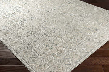 Close-up of the hand-loomed Dubbo Area Rug. Beige, charcoal, and light gray bohemian pattern on dark wood floor. Corner