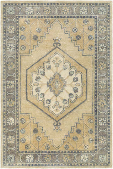Close-up of the Duckenfield Area Rug. Hand-tufted wool rug with a traditional floral and geometric pattern in beige and gray. Design-Rectangle-576