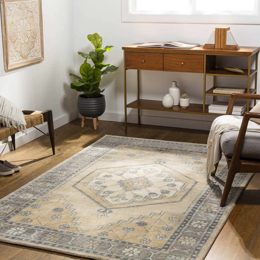 Living room scene with a Duckenfield Area Rug, wood floors, console table, fiddle leaf fig, and neutral decor. Roomscene-Rectangle