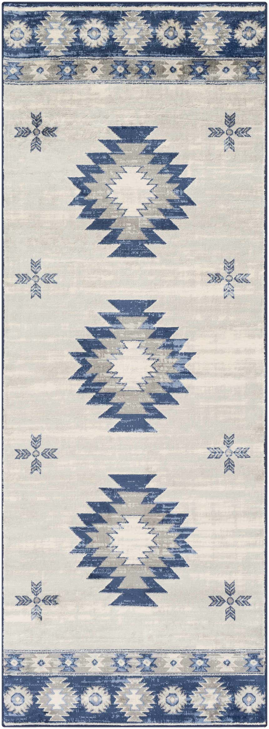 Dumfries Area Rug - Denim, gray, and ivory Southwestern design. Machine woven polypropylene rug. Design-Runner-2773