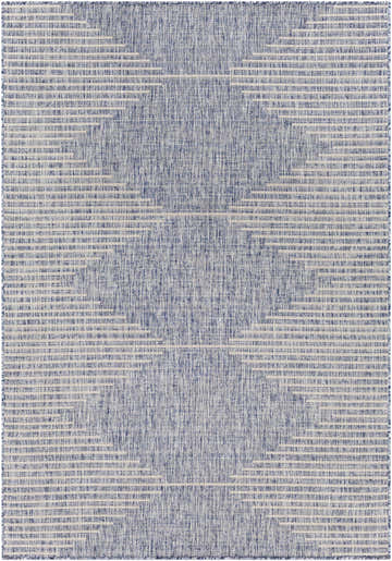 Close-up of the Stephan Blue Outdoor Rug, featuring a geometric pattern in shades of blue, navy, and off-white. Design-Rectangle-5377