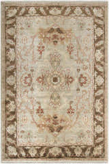 Hand knotted Duryea Area Rug in beige, brown, sage, and brick red with a traditional floral pattern. Design-Rectangle-5686