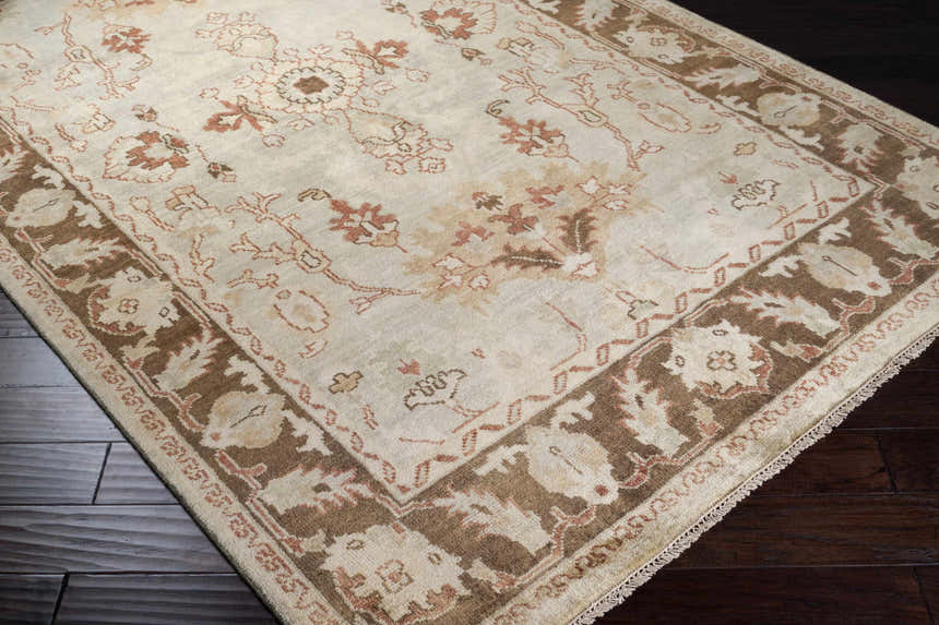 Close-up of the Duryea Area Rug, a traditional hand-knotted rug with beige, brown, and brick red floral patterns. Corner