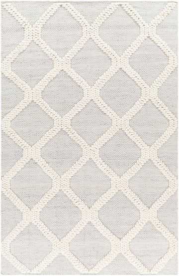 Close-up of the Dusan Area Rug. Arctic stone gray rug with a textured, raised diamond pattern in cloud gray. Hand woven. Design-Rectangle-576