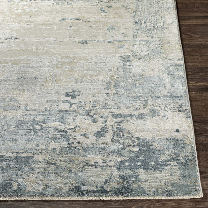 Close-up of Devonport Thick Luxe Area Rug showing its abstract design, dusty sage, light gray, and navy colors. Front