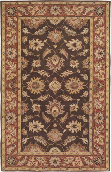 Close-up of the Daviston Area Rug. Hand-tufted wool rug in dark brown with beige, brick red, and burnt orange floral pattern. Design-Rectangle-58