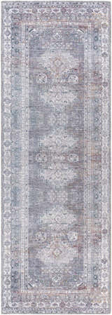 Close-up of the Baltinglass Gray Washable Rug showing its traditional oriental pattern and gray, brown, and cream colors. Design-Runner-2710