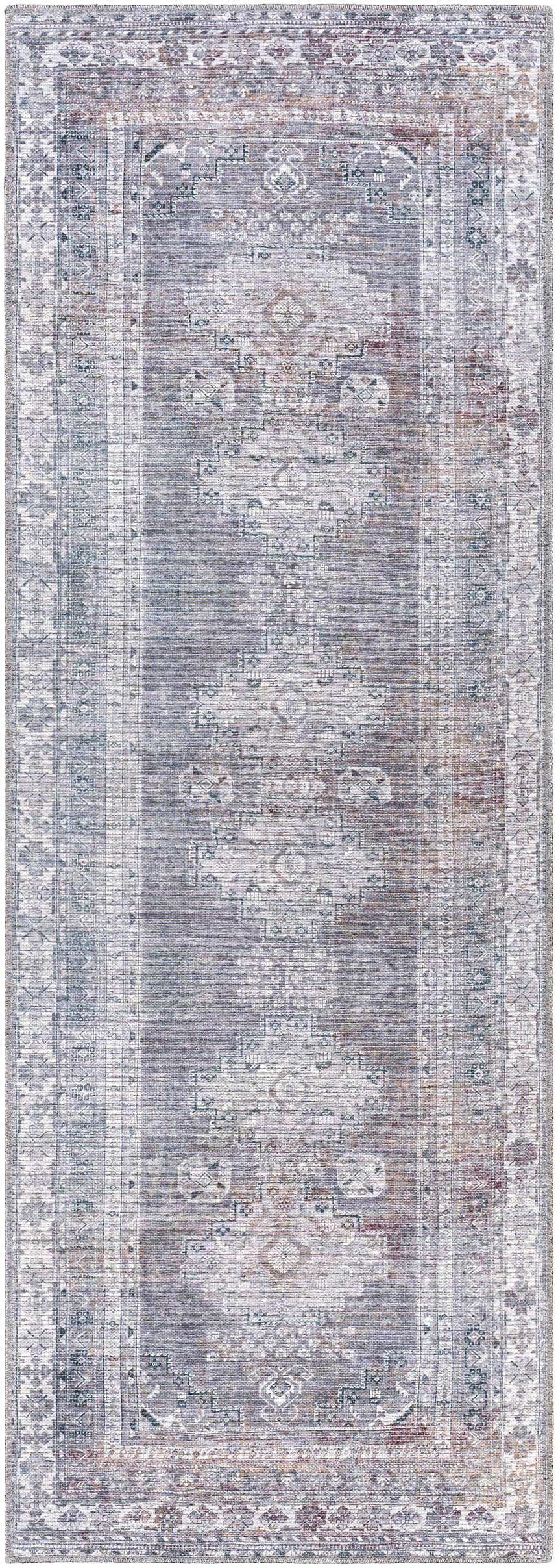 Close-up of the Baltinglass Gray Washable Rug showing its traditional oriental pattern and gray, brown, and cream colors. Design-Runner-2710