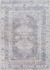 Close-up of the Baltinglass Gray Washable Rug featuring a traditional oriental pattern in brown, charcoal, cream, and gray tones. Design-Rectangle-5373