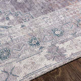 Close-up of the Baltinglass Gray Washable Rug showing its traditional oriental pattern, chenille texture, and gray, cream, and brown colors. Texture