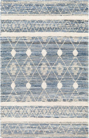 Close-up of Eben Area Carpet: hand-woven cotton rug with a geometric diamond pattern in shades of light blue, navy, and off-white. Design-Rectangle-576