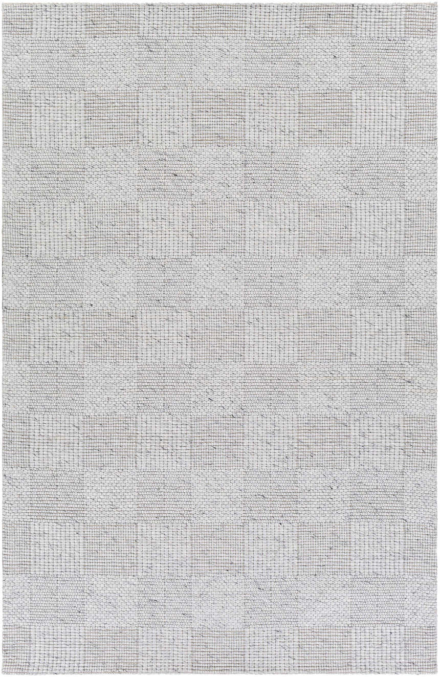 Close-up of the Eckman Wool Checkered Rug. Hand-woven, off-white wool rug with a subtle black and charcoal checkered pattern. Design-Rectangle-575