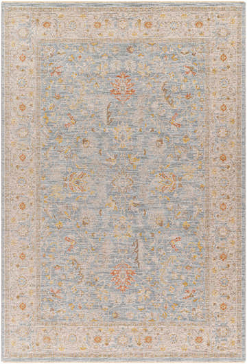 Detailed view of the Edie Taupe Thick Luxe Oushak Rug, featuring amber, dusty pink, and light olive floral patterns. Design-Rectangle