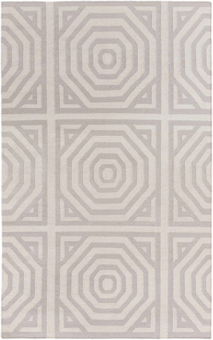 Close-up of the Edmund Area Carpet. Hand-woven wool rug with a contemporary geometric pattern in gray and light gray. Design-Rectangle-576
