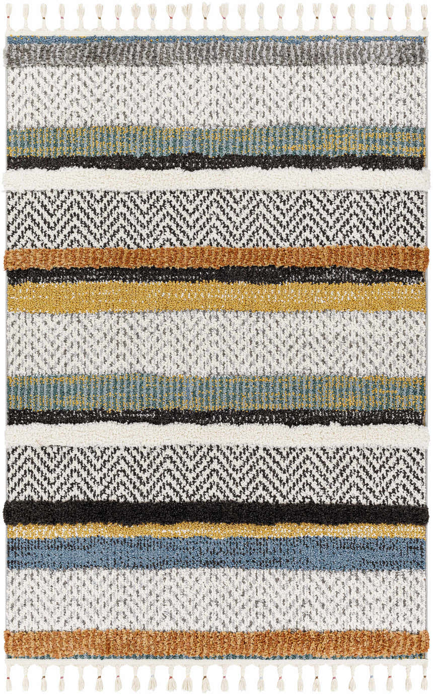 Close-up of the Edmundston Area Rug featuring stripes in black, blue, bone, camel, mustard, and off-white with tassel details. Design-Rectangle-537