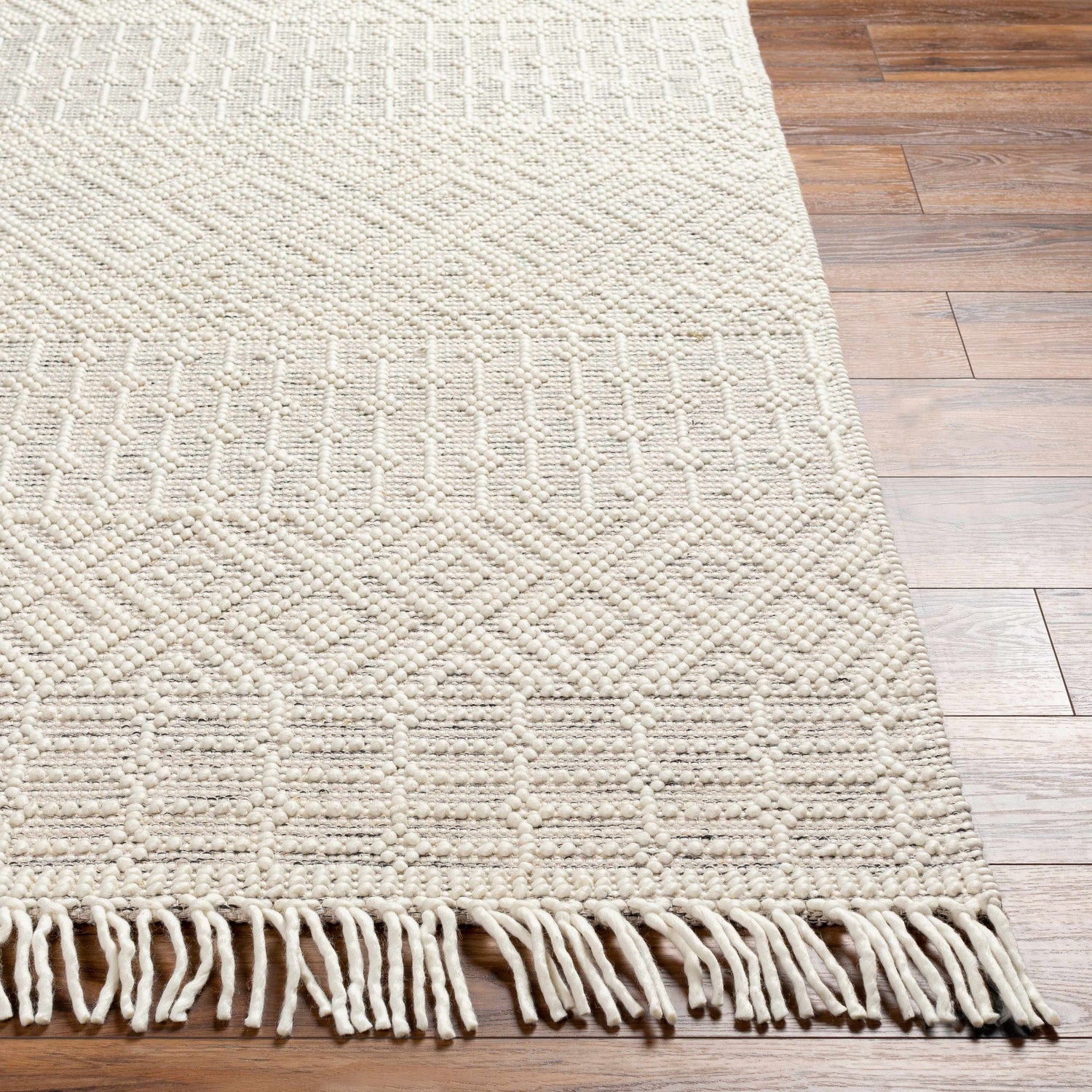 Close-up of the hand woven Egil Wool-blend Area Rug in off white with geometric patterns and fringe detail. Front