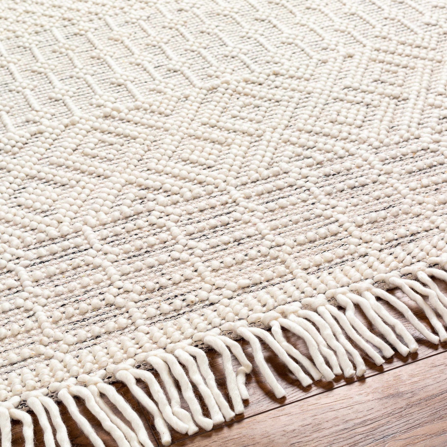 Close-up of the Egil Wool-blend Area Rug in off white. Features a geometric pattern and knotted fringe detail. Texture