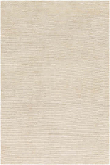 Close-up of the Elco Clearance Rug. Hand-knotted with a subtle wheat and medium gray striped pattern. Wool and viscose blend. Design-Rectangle-69