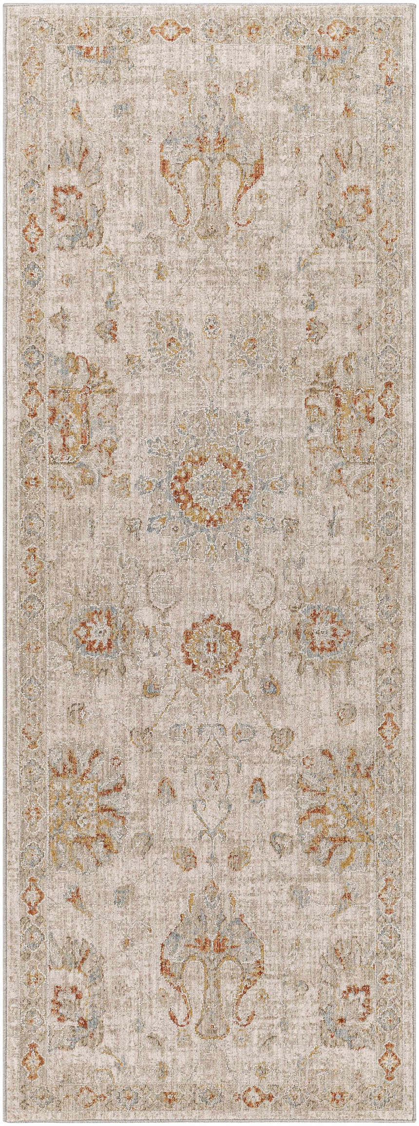 Close-up of the Elimbah Thick Luxe Area Rug. Beige rug with brick red, mustard, and blue traditional floral pattern. Design-Runner-2773