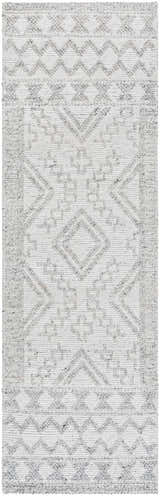 Close-up of the hand woven Elin Area Rug. Arctic Stone, dark gray, and nickel geometric pattern. Farmhouse style. Design-Runner-268
