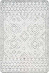 Close-up of the Elin Area Rug featuring a geometric diamond pattern in arctic stone and dark gray hues. Hand-woven texture. Design-Rectangle-576