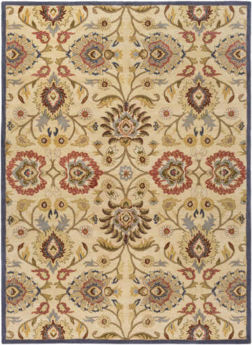 Detailed floral pattern of the Caesar 1116 beige and rust wool rug. Traditional style with blue border. Design-Rectangle-811