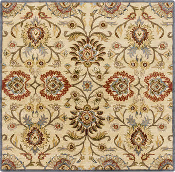 Close-up of the Caesar 1116 rug. Hand-tufted wool rug in beige with rust, blue, and tan floral oriental pattern. Design-Square-8