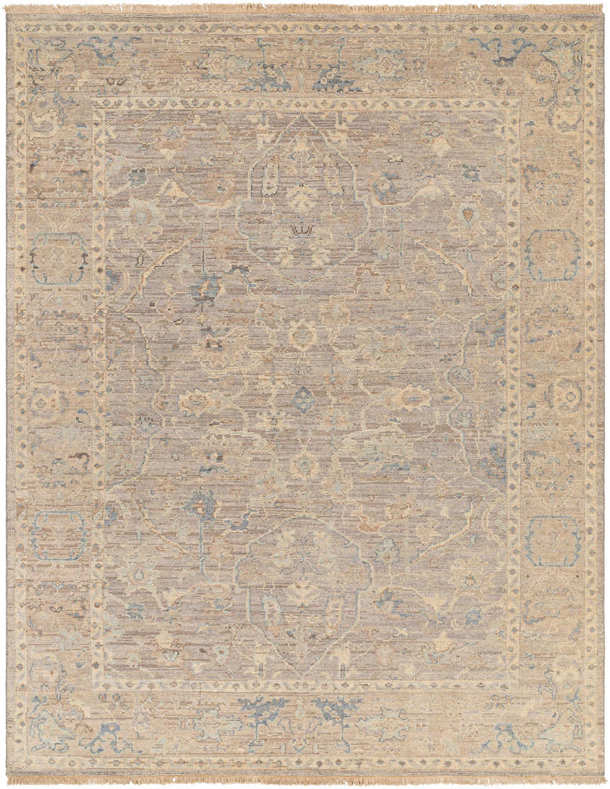 Close-up of the hand-knotted Ellie Area Rug. Beige, denim, and brown traditional rug with a farmhouse design and wool texture. Design-Rectangle-810