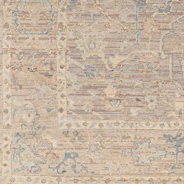 Close-up of the hand-knotted Ellie Area Rug. Beige, denim, and brown tones create a traditional, farmhouse pattern. Wool texture visible. Swatch