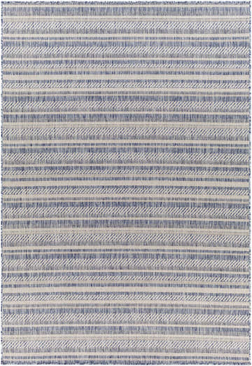 Close-up of the Emirgazi Striped Nordic Rug. Blue and oatmeal stripes create a textured, bohemian design. Design-Rectangle-5377