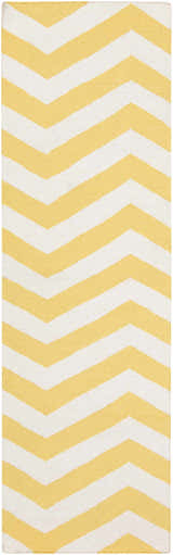 Close-up of the Enniskillen Area Rug. White and yellow wool rug with a contemporary chevron pattern. Hand woven texture. Design-Runner-268