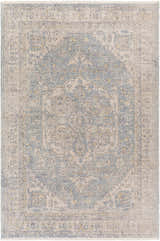 Close-up of Tusa Blue Area Rug. Machine-woven polyester rug with traditional oriental design in dark blue, ivory, and light gray. Design-Rectangle-537