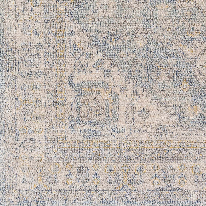 Close-up of Tusa Blue Area Rug showing a traditional, oriental pattern in dark blue, ivory, and light blue hues. Swatch