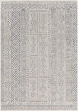 Close-up of the Epson Indoor Outdoor Rug. Bohemian style with a geometric blue pattern on an oatmeal background. Design-Rectangle-5377