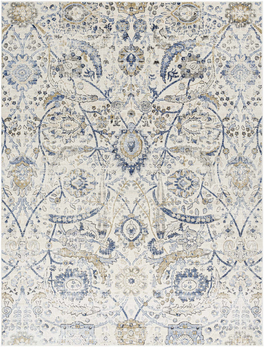 Detailed view of the Georgiana Blue & Beige Oushak Rug, showcasing its traditional floral pattern and soft, muted colors. Design-Rectangle-710102